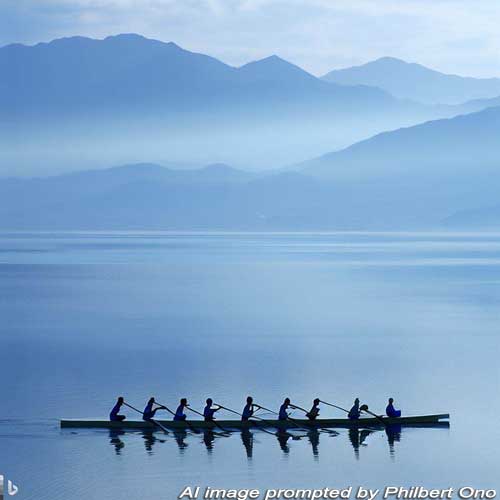 AI-generated photorealistic image of rowers on Lake Biwa. Rowers and their oars are inaccurate. Unknown if the background scenery actually exists.