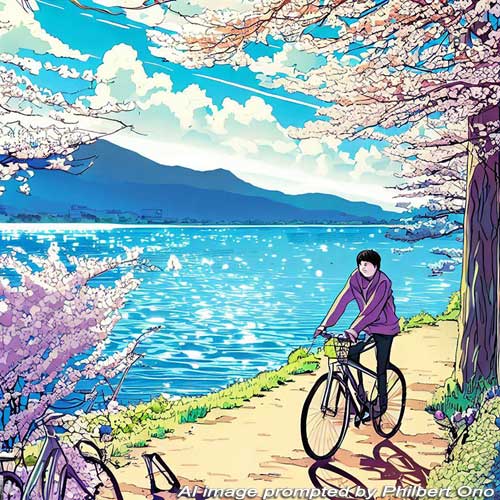 AI-generated manga image of cycling around Lake Biwa in spring.