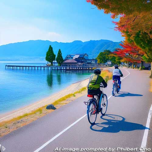 AI-generated image of cycling around Biwako in autumn.