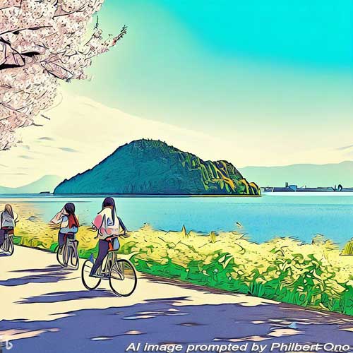 Cycling along northern Lake Biwa with Chikubushima island in view.
