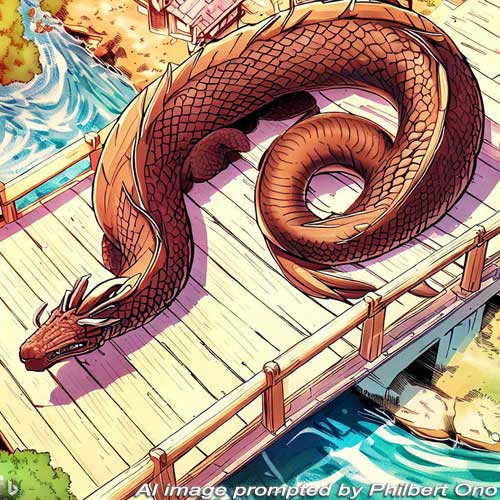 Dragon-serpent (orochi) sleeping on the bridge.