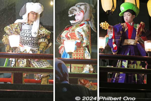 Festival’s final performance (Senshuraku 千秋楽) becomes comical and fun for all. Snoopy, Godzilla, and Mario costumes.