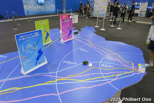 Cutout of Lake Biwa showing the record distances by human-powered aircraft from Hikone